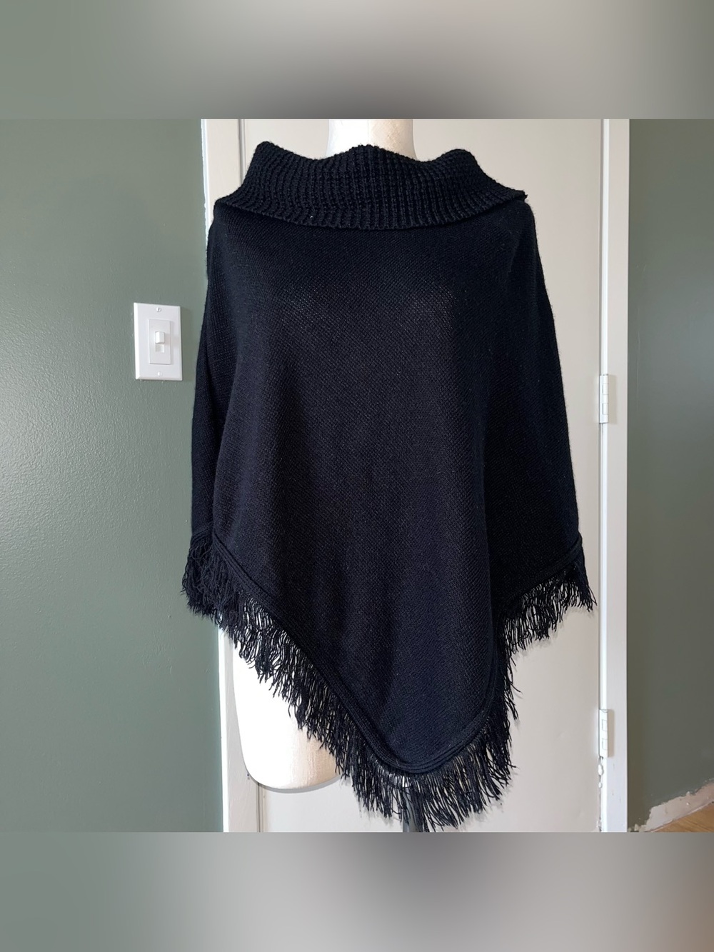 A.L.C. Black Fringed Sweater Knit Turtleneck Poncho Cape Boho Classic One Size